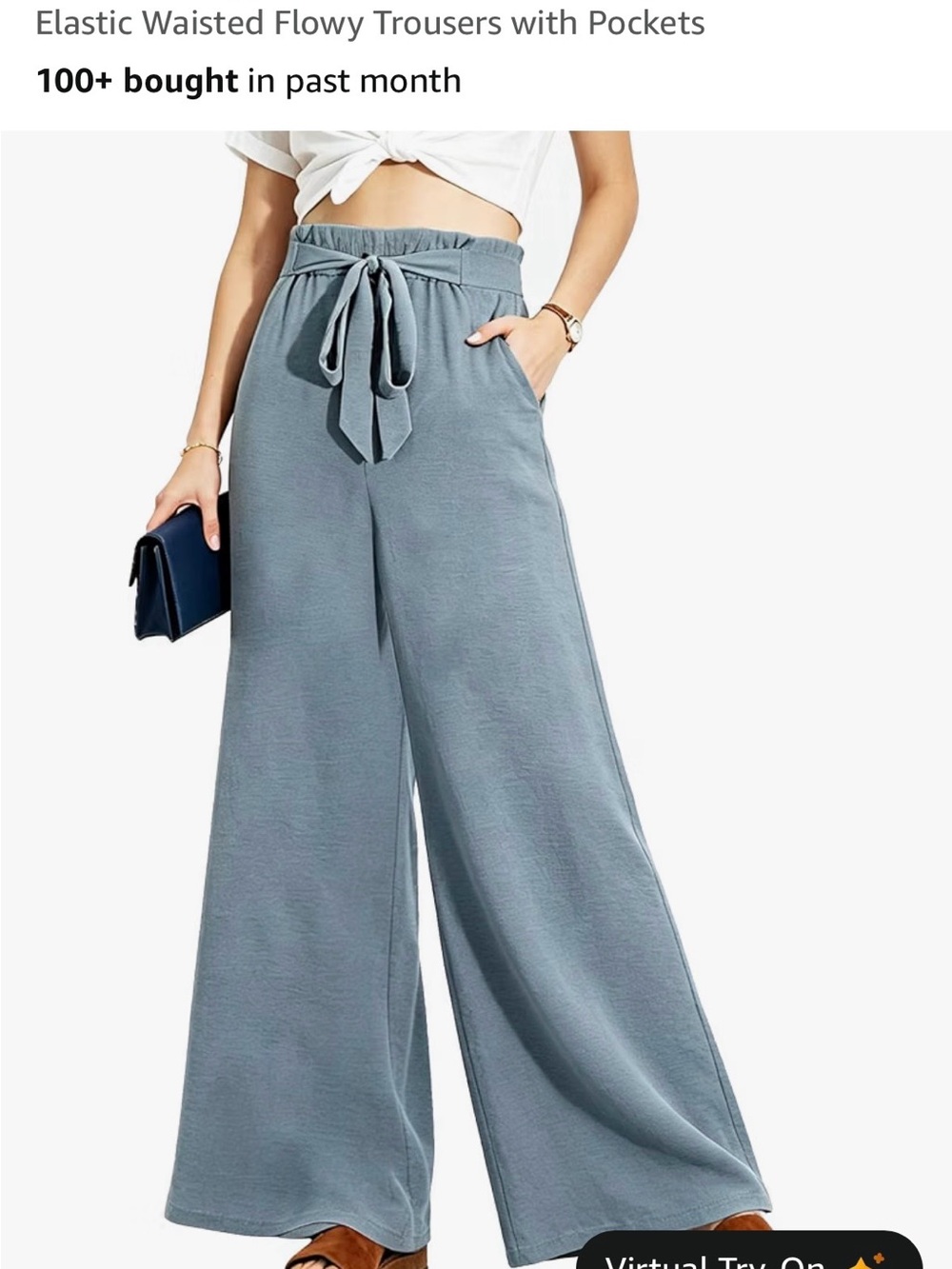 Elastic-Waist Wide Leg Trousers with Tie Belt - gray